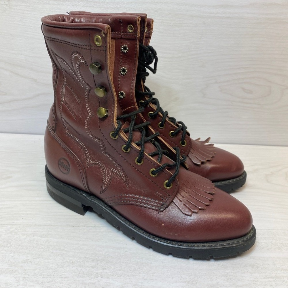 H&H Women 6.5 M Kiltie Work Boots Western Lace Up Burgundy Leather Aero Glide